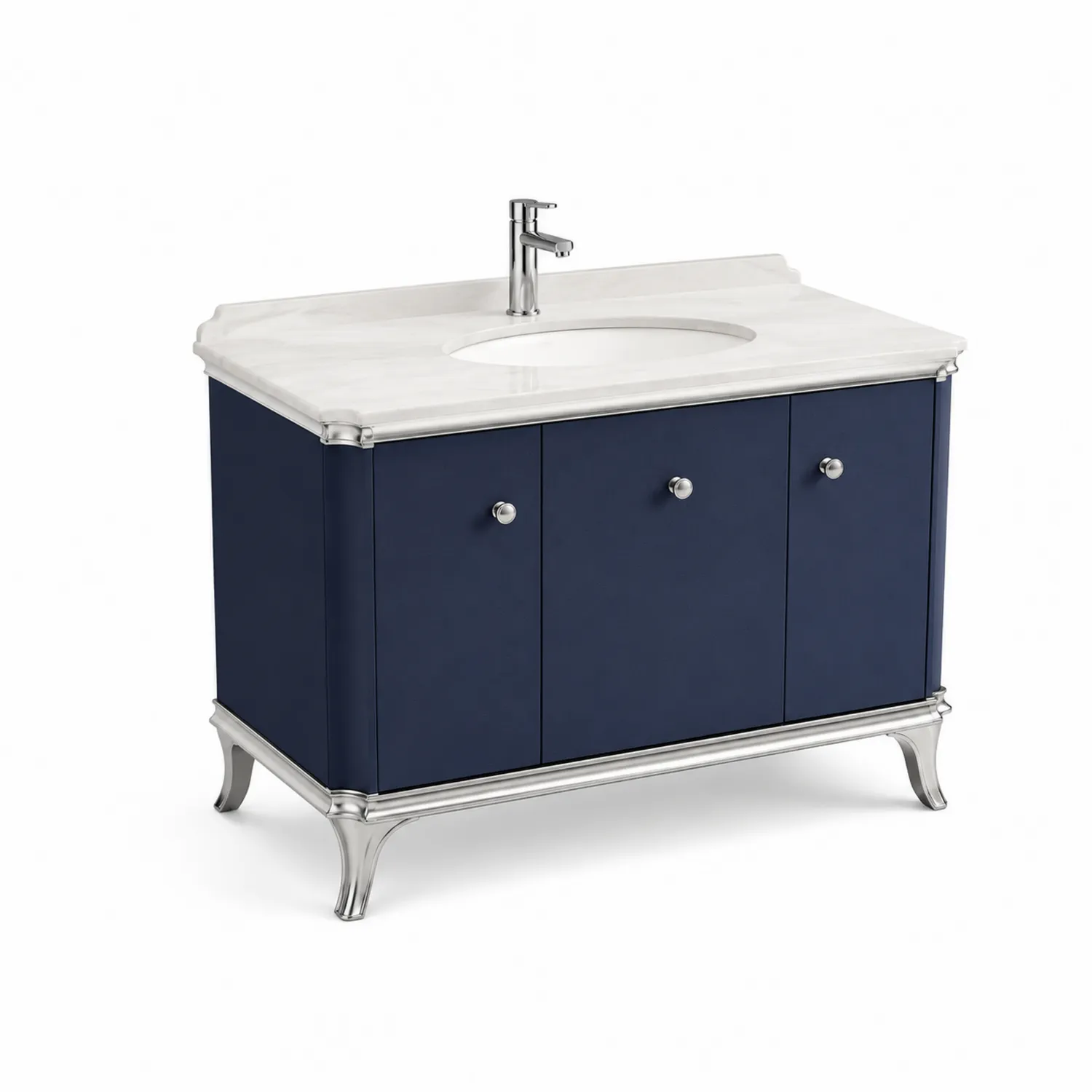 Mobile sottolavabo in legno con piano in marmo e gambe in metallo blu