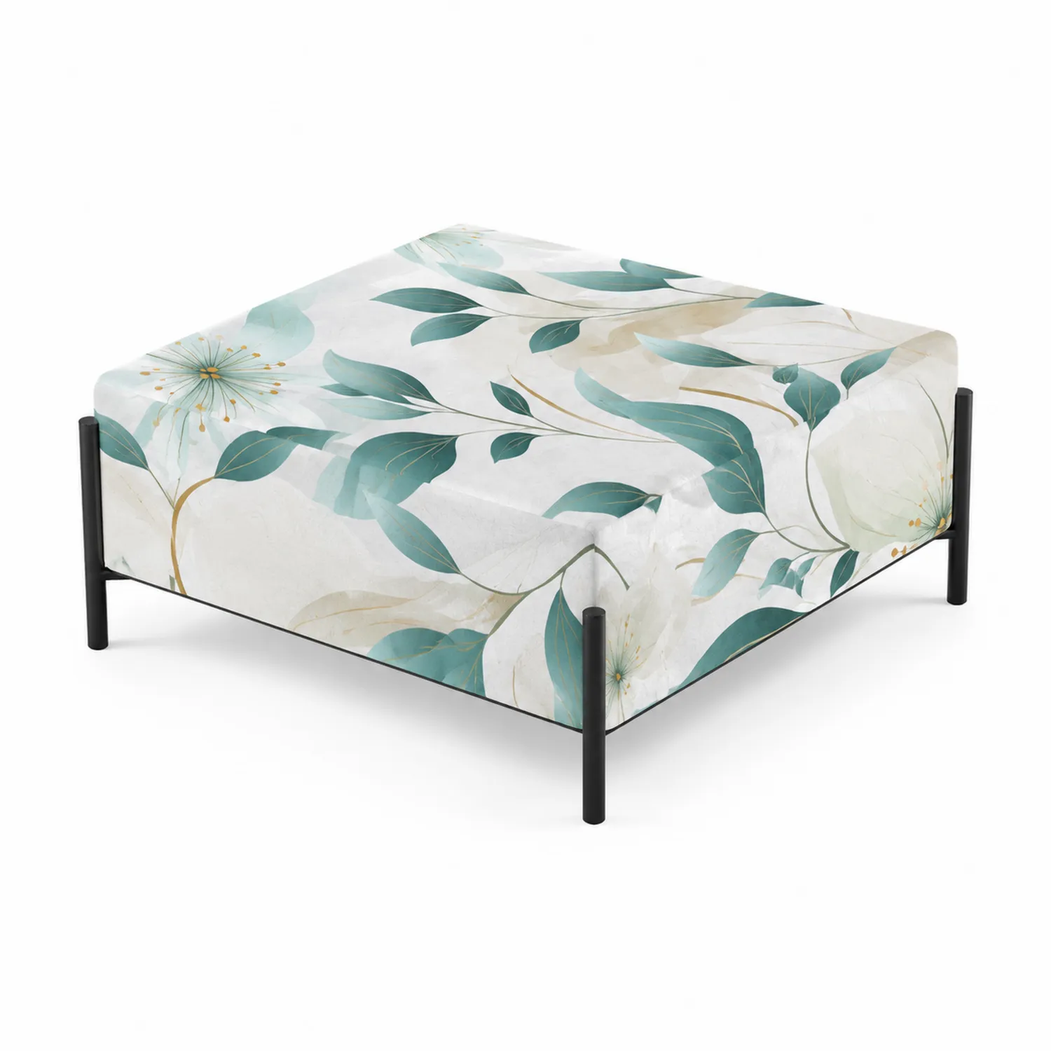 Poggiapiedi Quadrato in Stoffa Floreale con Gambe in Metallo 80 cm x 80 cm