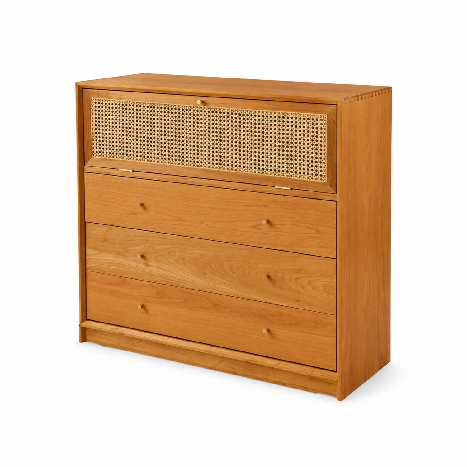 Cassettiera in legno di quercia e rattan intrecciato con 3 cassetti, Naturale