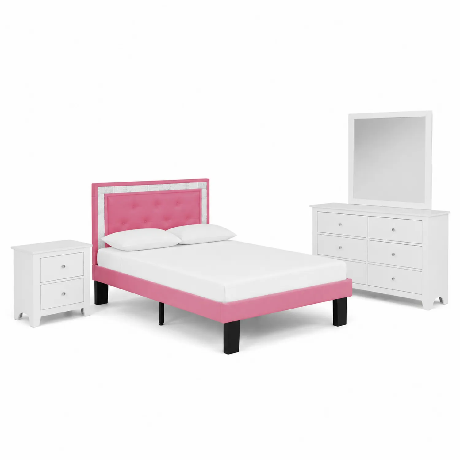 Set camera da letto con letto imbottito in tessuto rosa e mobili in MDF bianchi