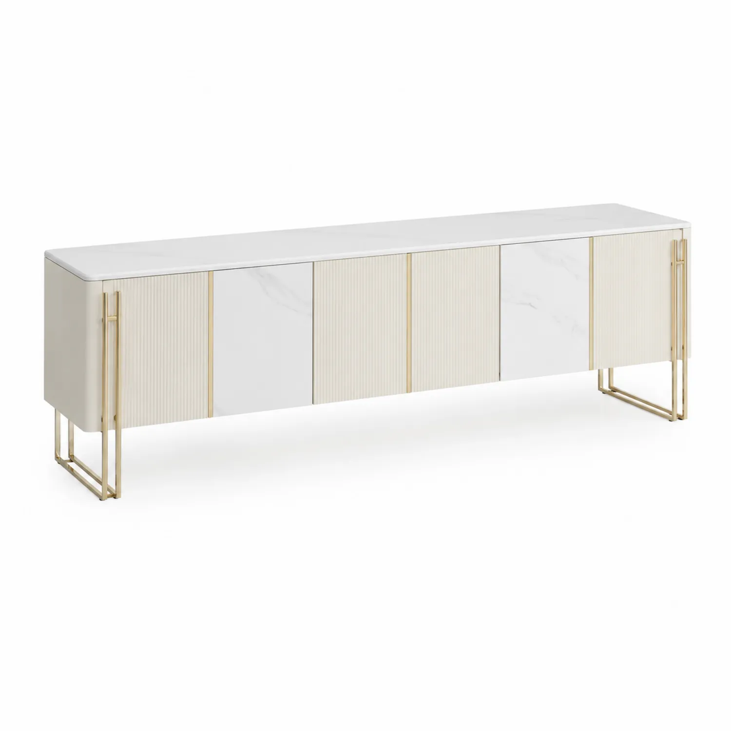 Mobile TV in Legno e Metallo con Pannelli in Marmo Sintetico 200x45x50 cm Bianco/Oro