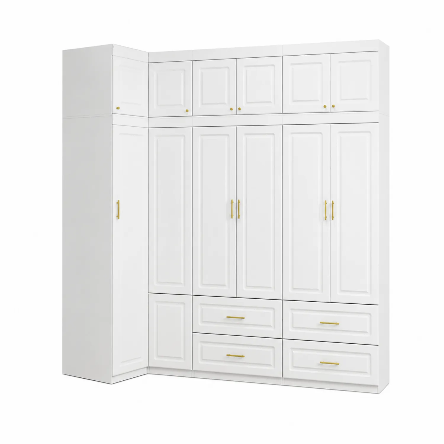 Armadio Angolare in Legno MDF Bianco con Ante e Cassetti