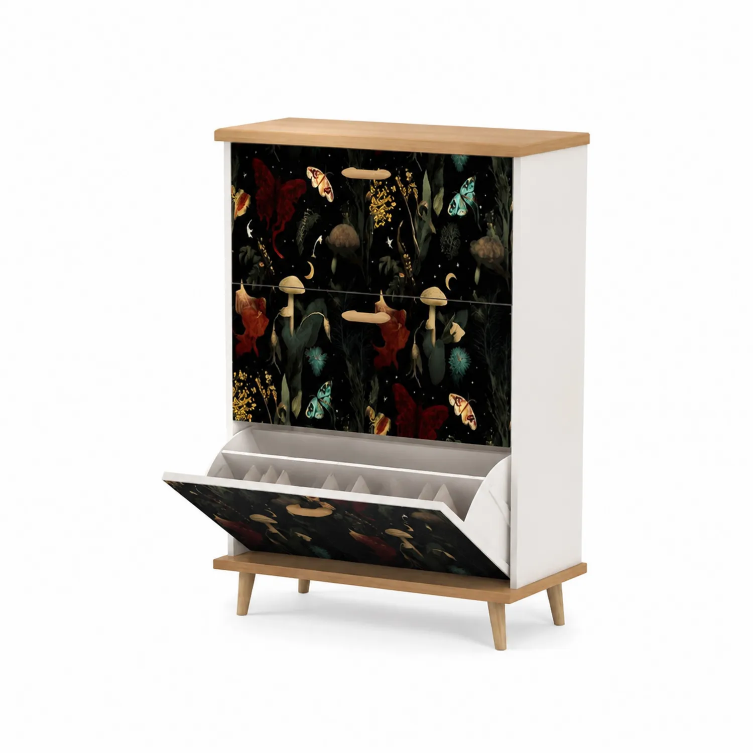 Scarpiera in Legno MDF con Stampa Botanica 3 Scomparti