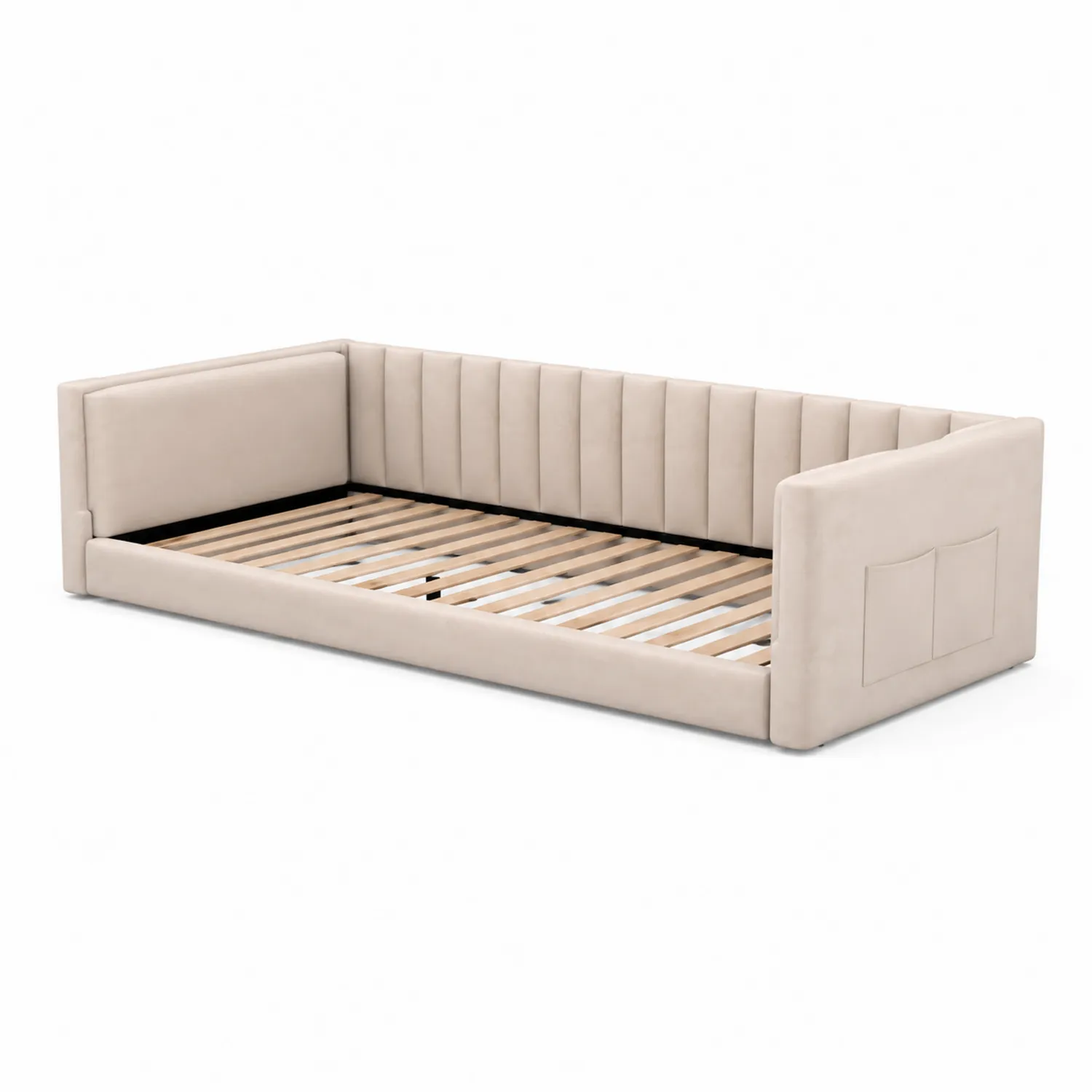 Letto da Giorno in Legno Massello e Tessuto Poliestere Beige