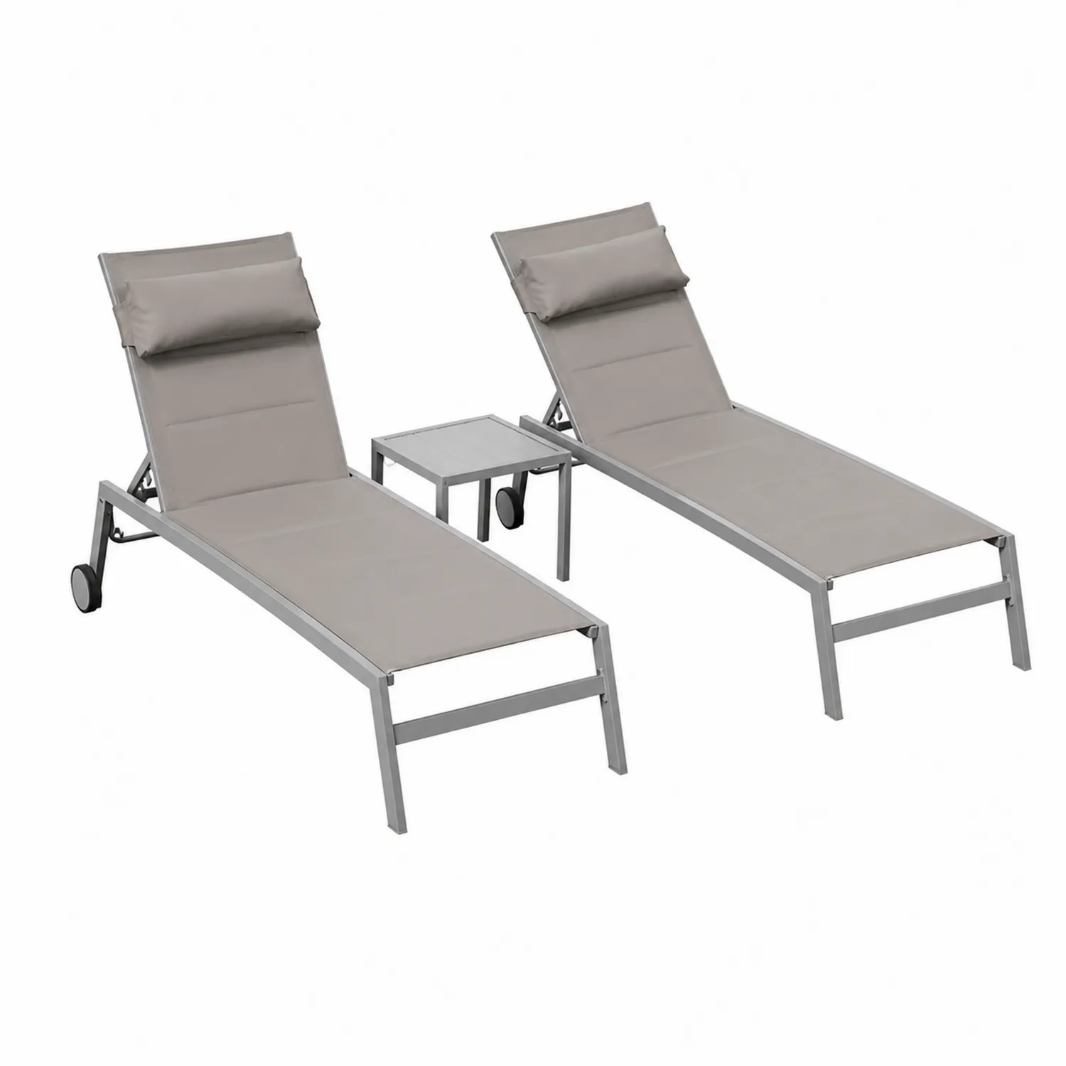 Set di 2 Sdraio in Alluminio con Tavolino, Tessuto Grigio