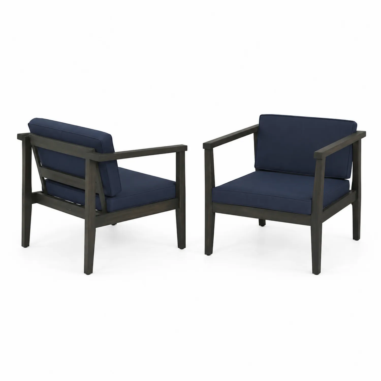 Set di 2 Poltrone da Esterno in Legno di Acacia con Cuscini Blu Scuro