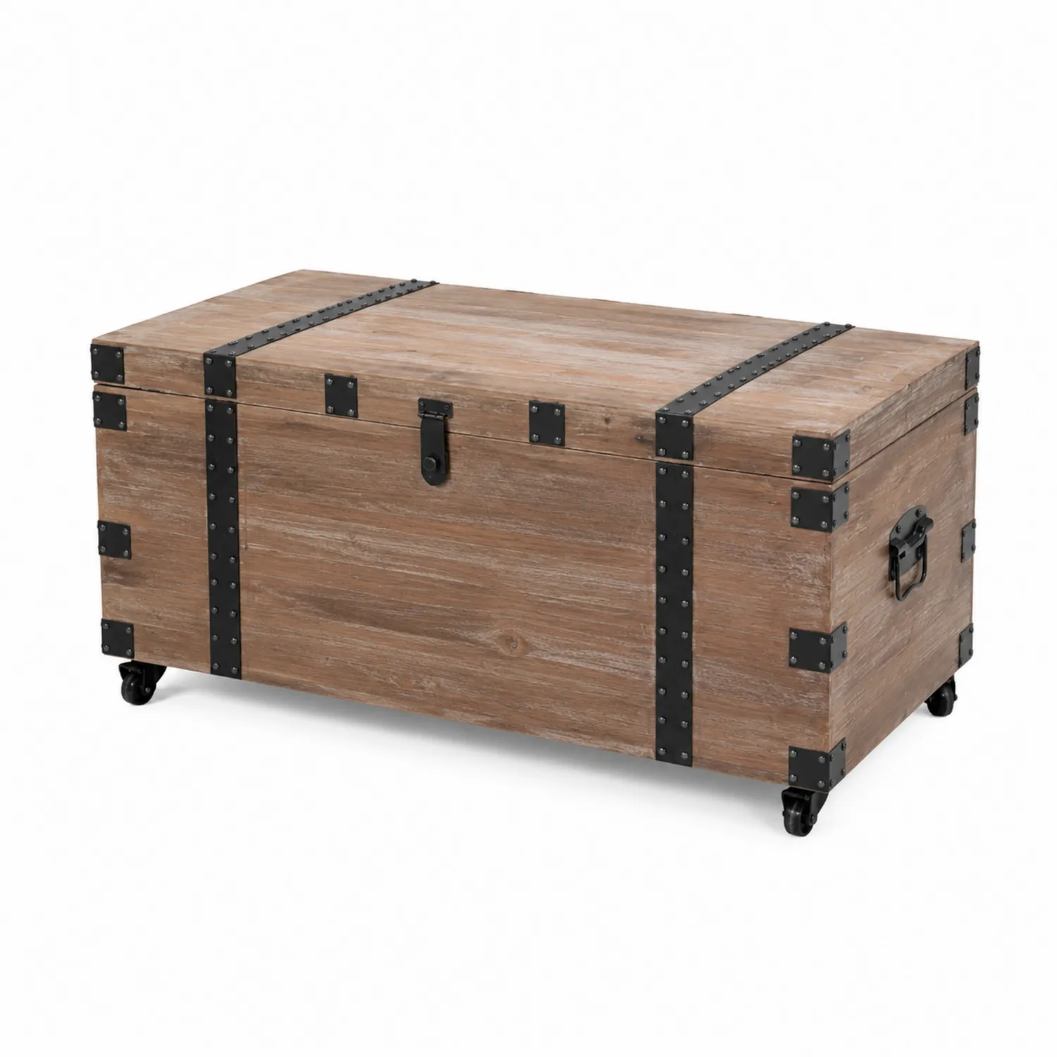 Baule in Legno con Ruote e Dettagli in Metallo 100x50x45 cm