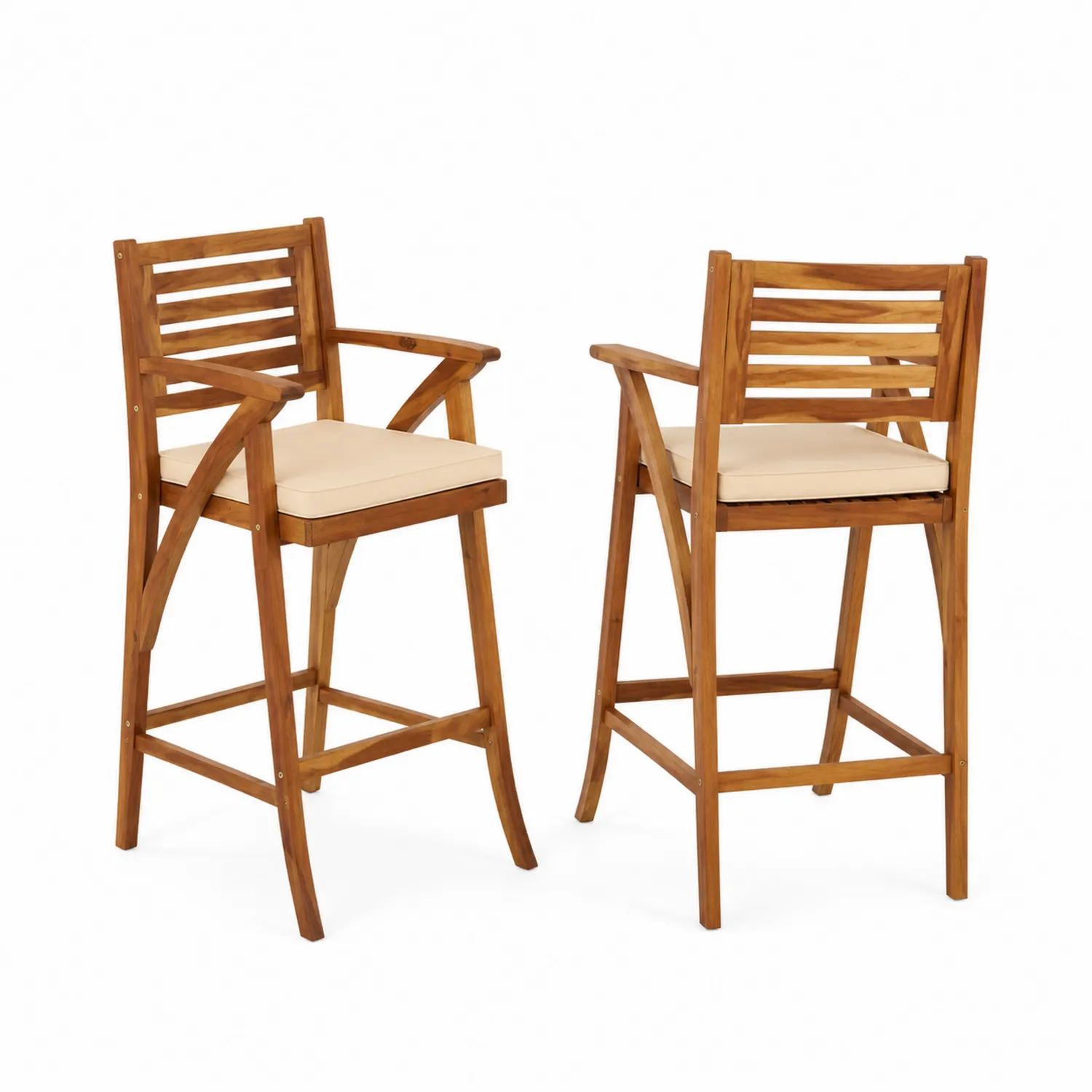 Set di 2 sgabelli da bar in legno di acacia con cuscino beige
