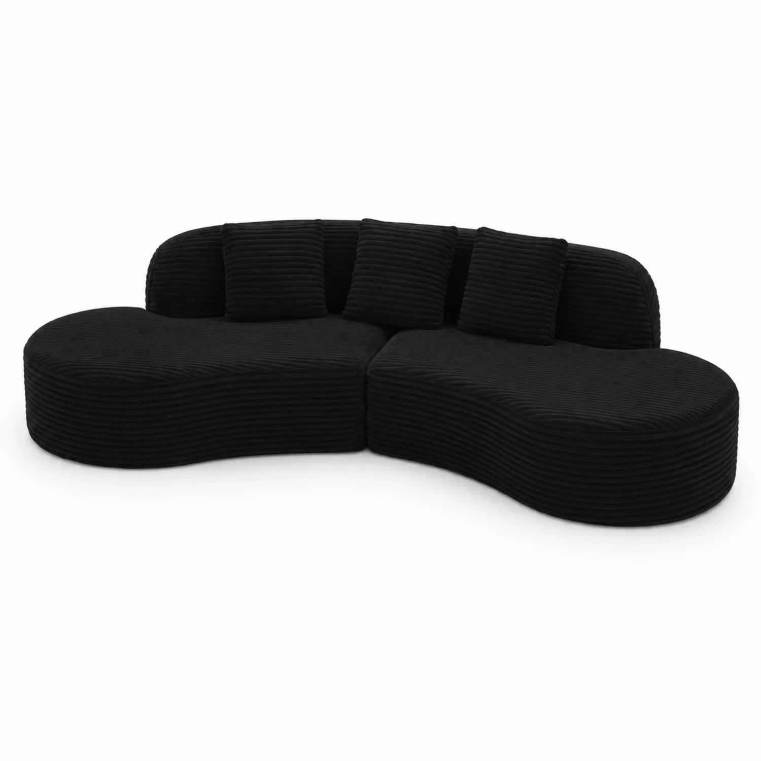 Divano modulare in tessuto vellutato nero, forma curva 2 pezzi