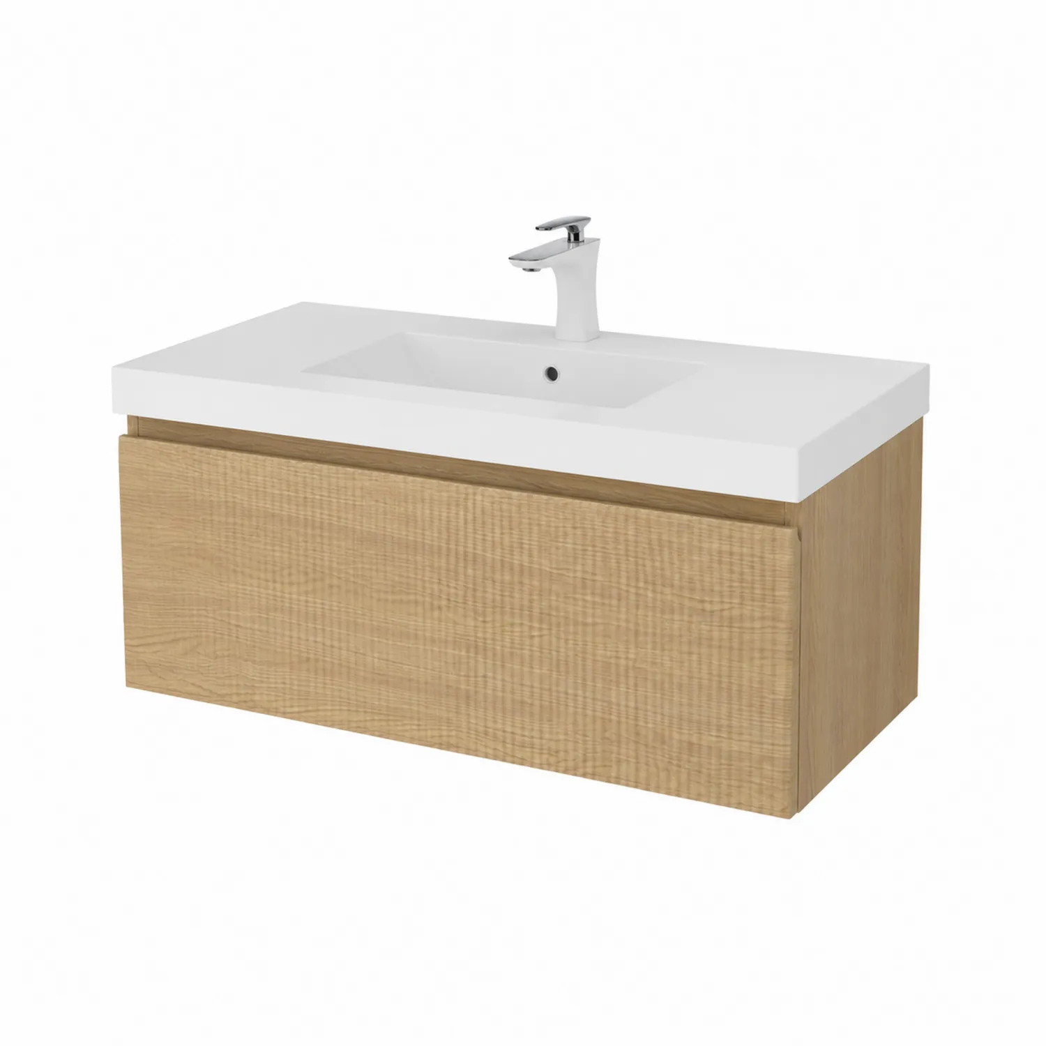 Mobile lavabo sospeso in legno rovere con piano in resina bianca 100x50x45cm
