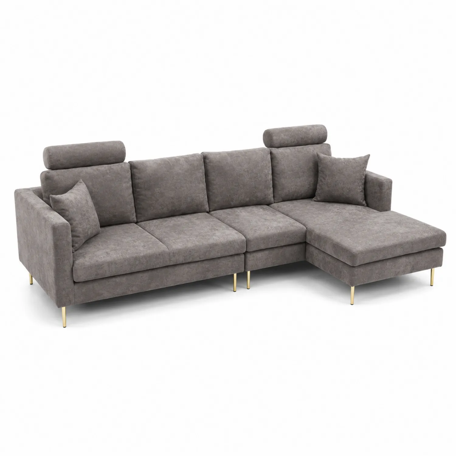 Divano angolare in tessuto grigio con piedini metallici