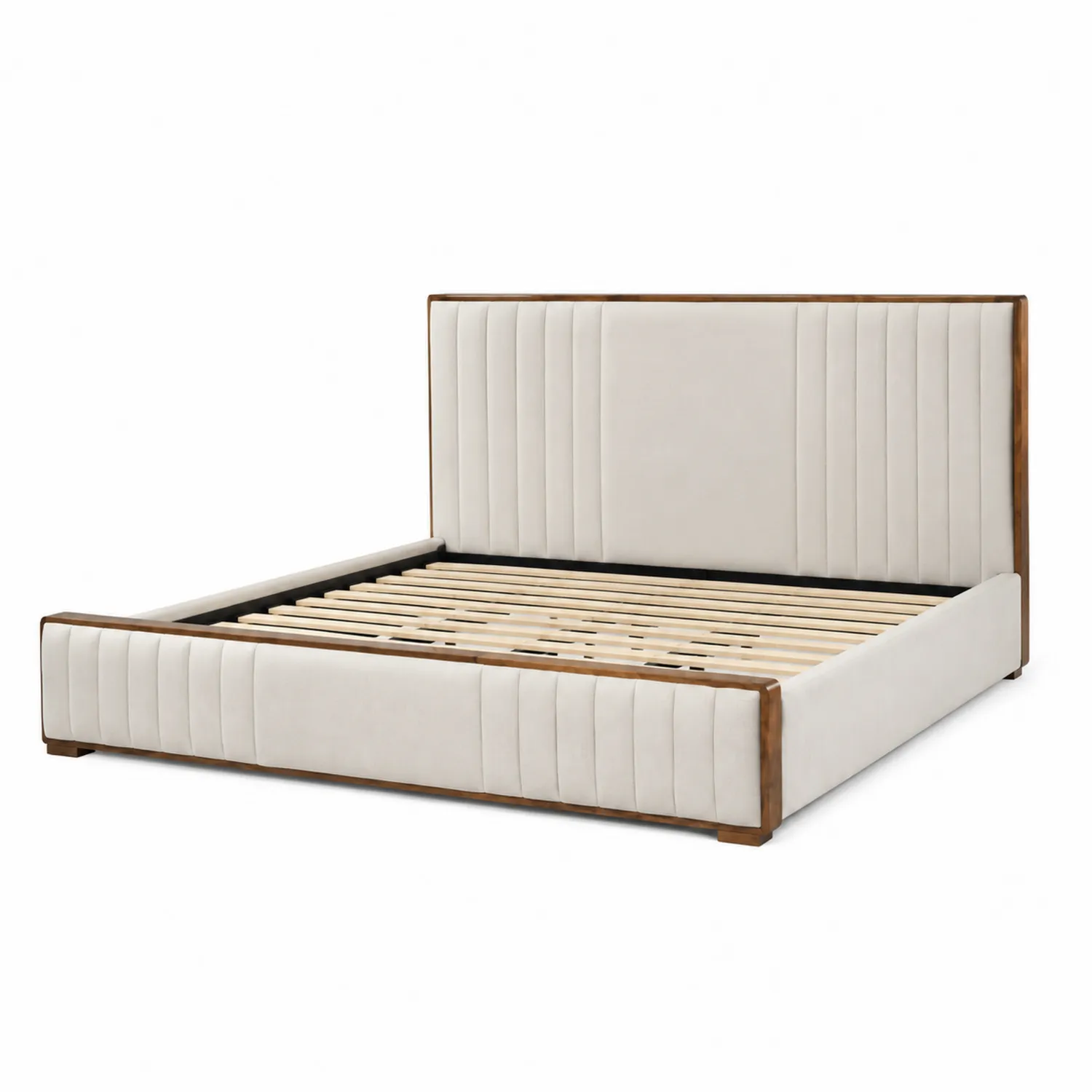 Letto in legno massello con testiera in tessuto poliestere Beige