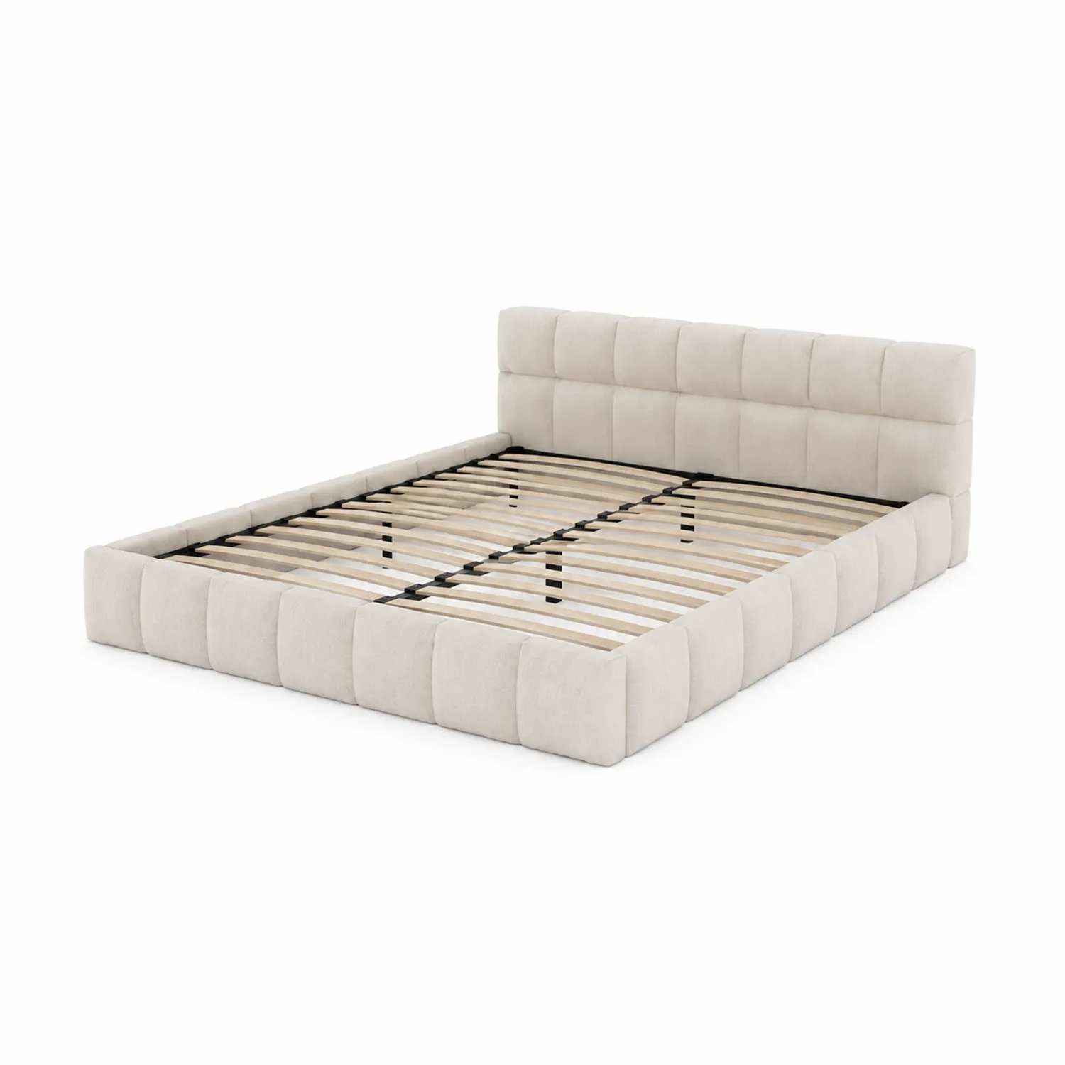 Letto matrimoniale in tessuto beige con struttura in legno
