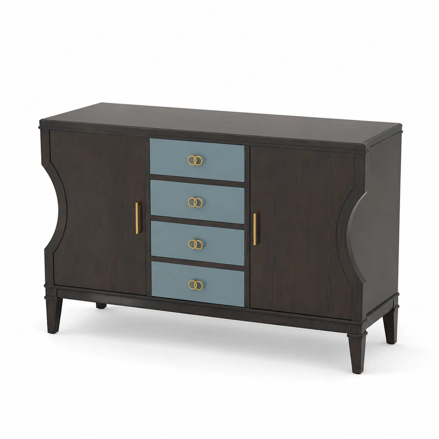 Credenza in legno con cassetti e ante marrone e blu