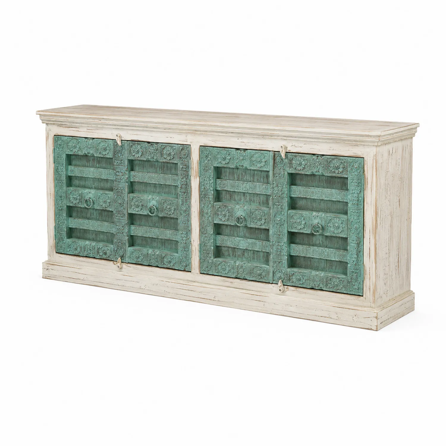 Credenza in legno massello con ante intagliate verde 180x90x45 cm