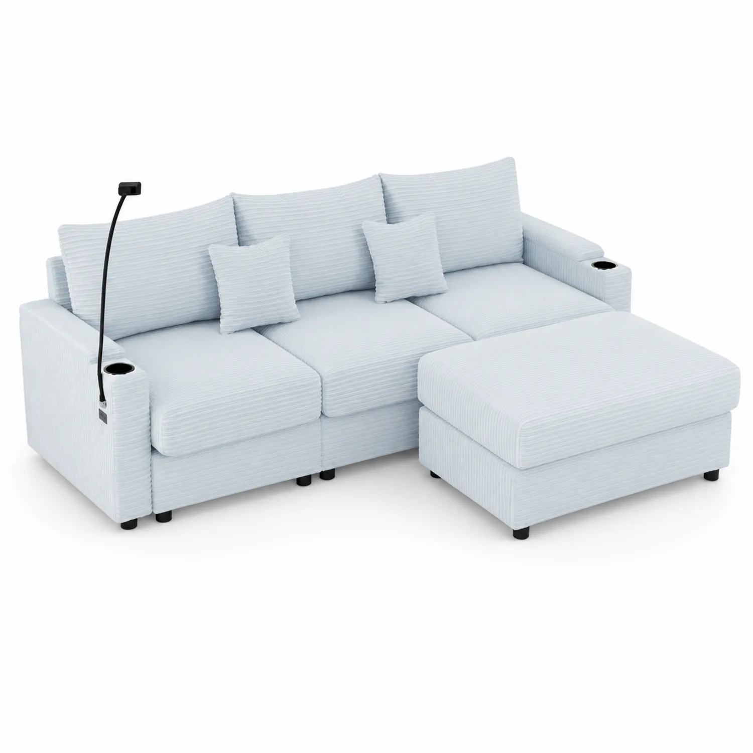 Divano modulare in tessuto a coste Blu Chiaro con pouf e porta bicchieri