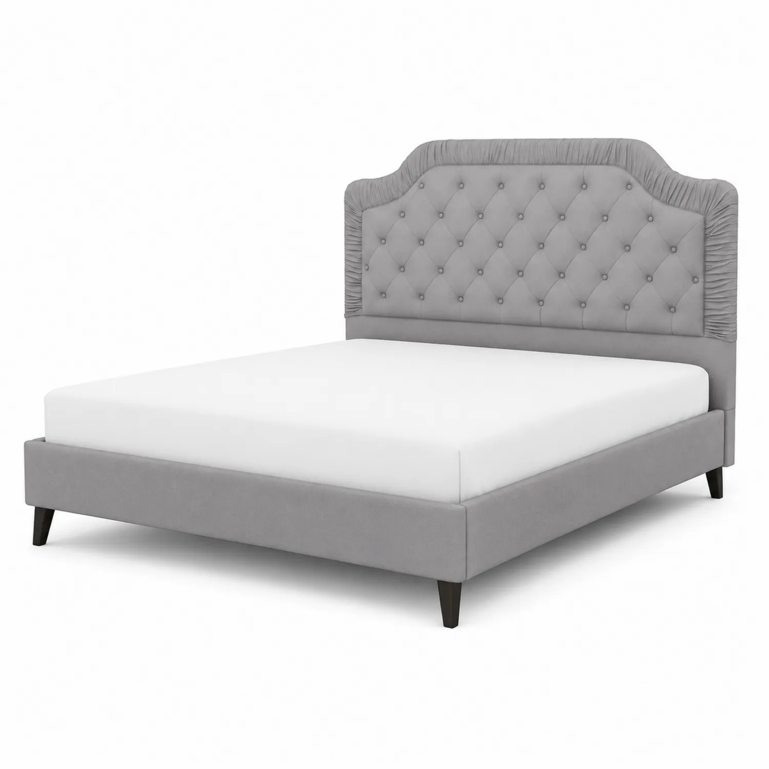 Letto imbottito in tessuto grigio con gambe in legno