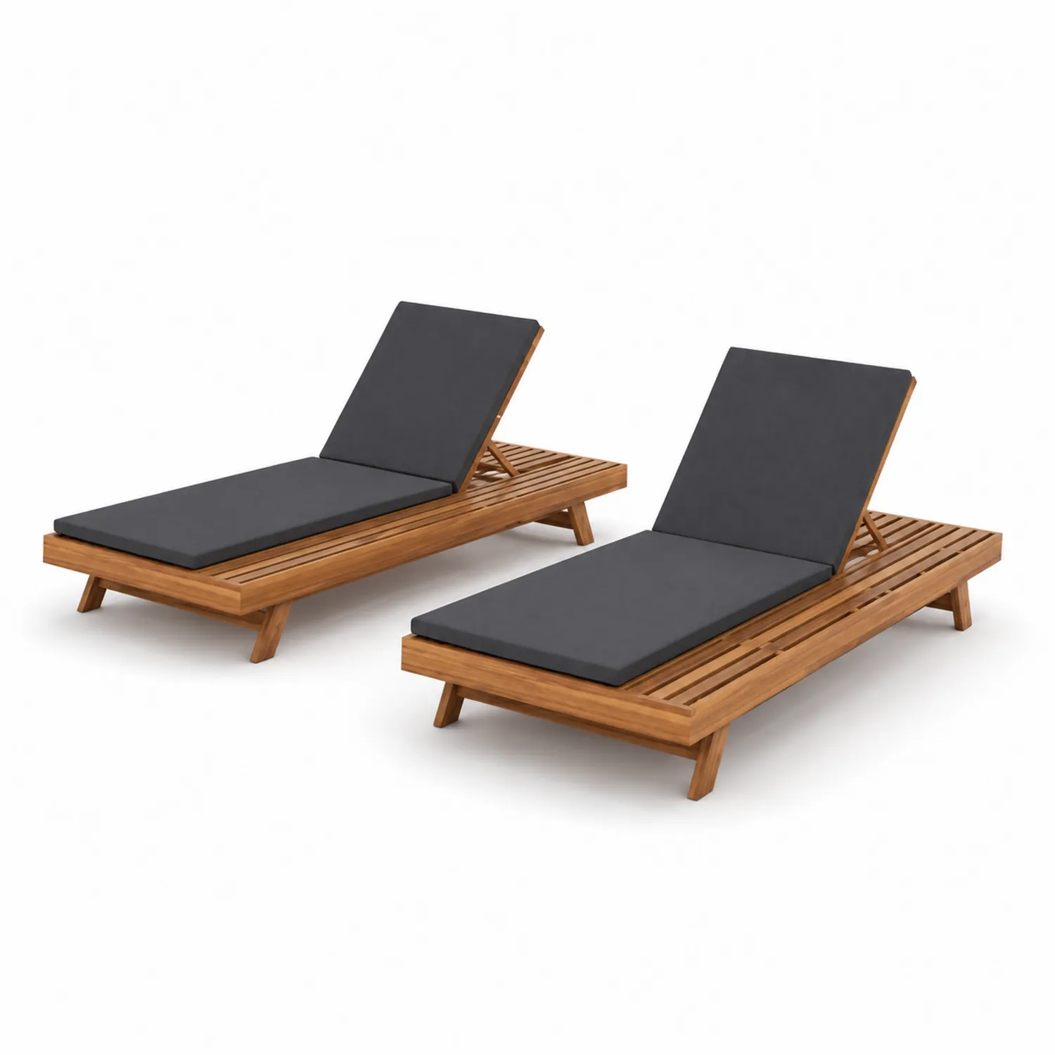Set di 2 Sdraio in Legno di Teak con Cuscini Grigi
