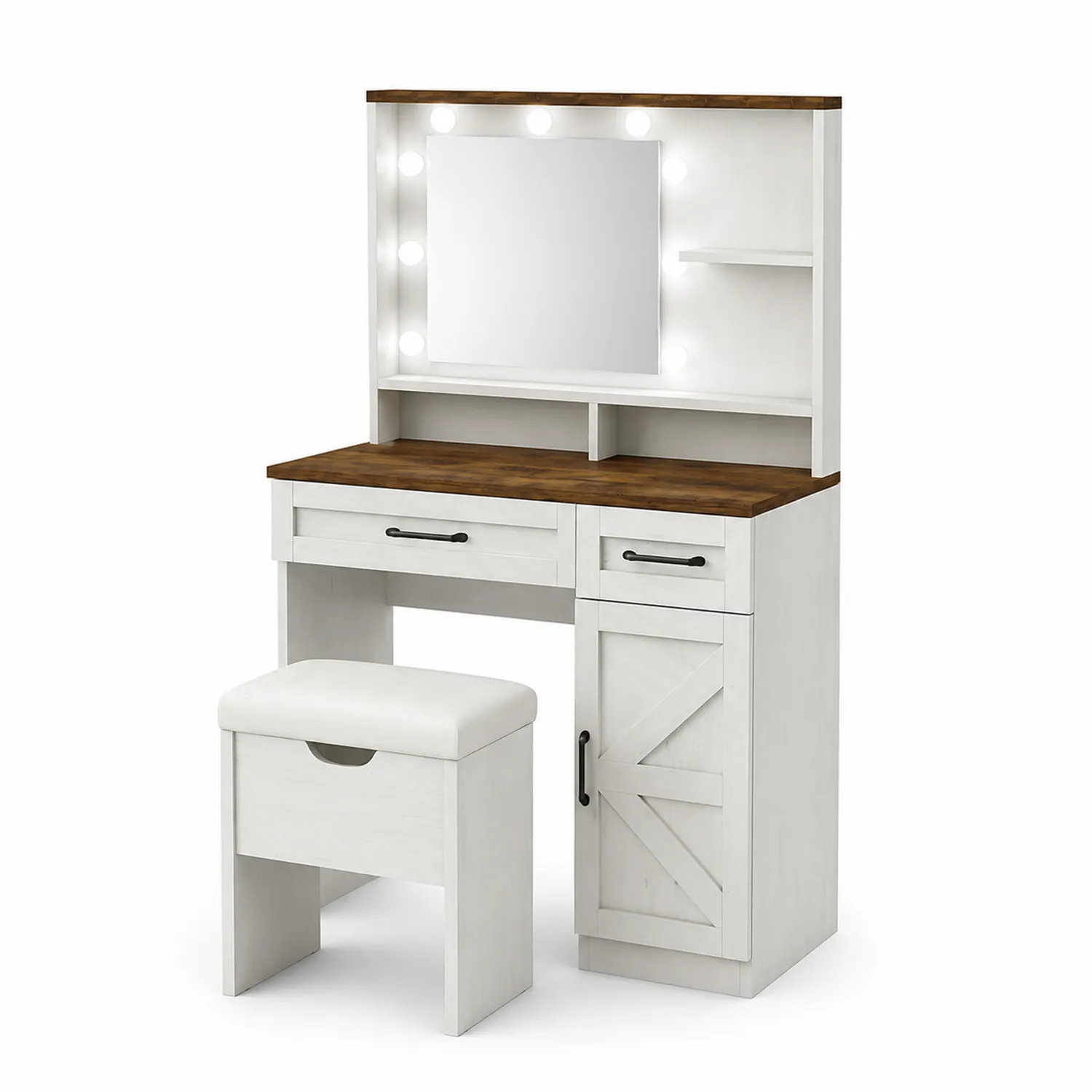 Toeletta in Legno con Specchio Illuminato e Sgabello Imbottito