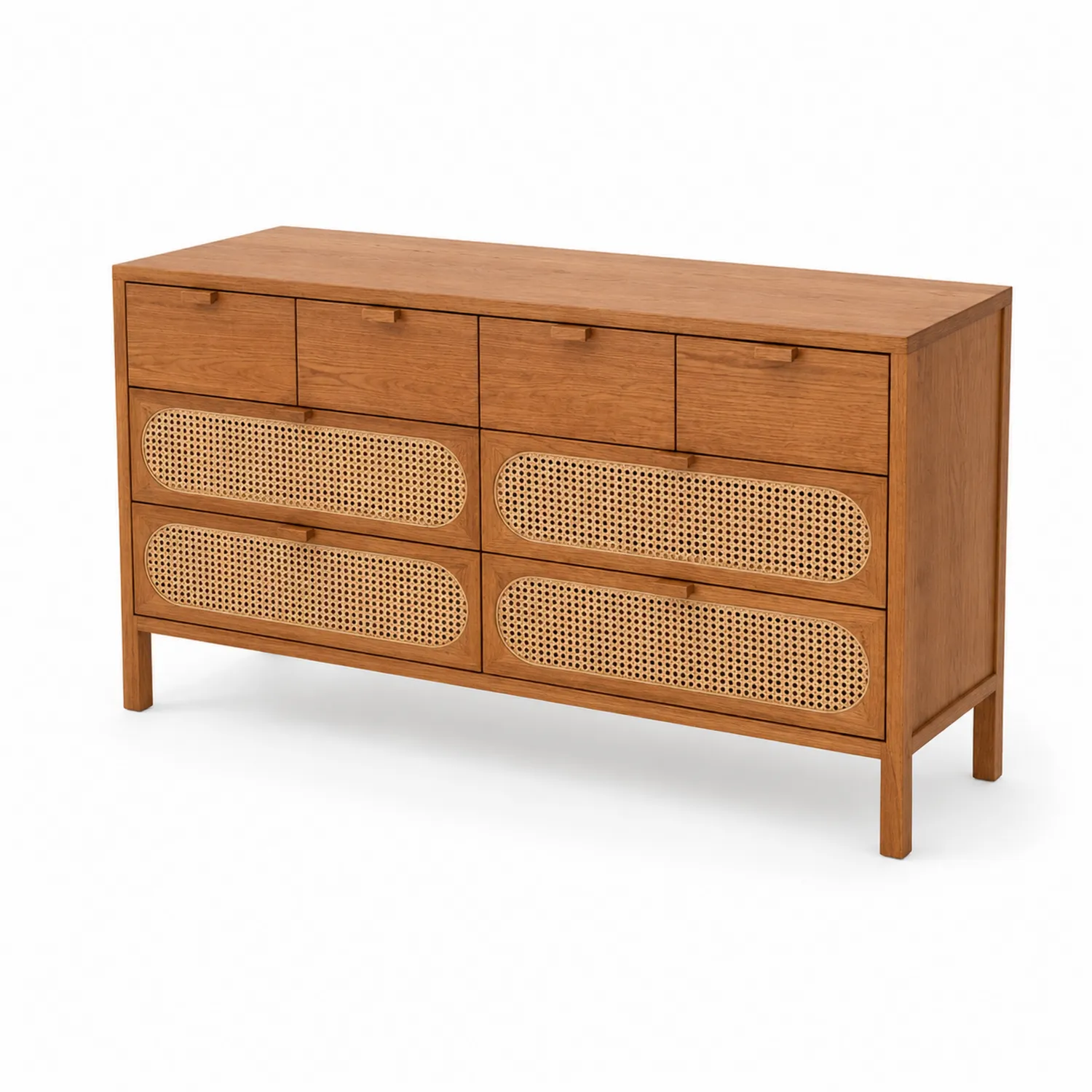 Credenza in legno e rattan intrecciato, 6 cassetti, Marrone