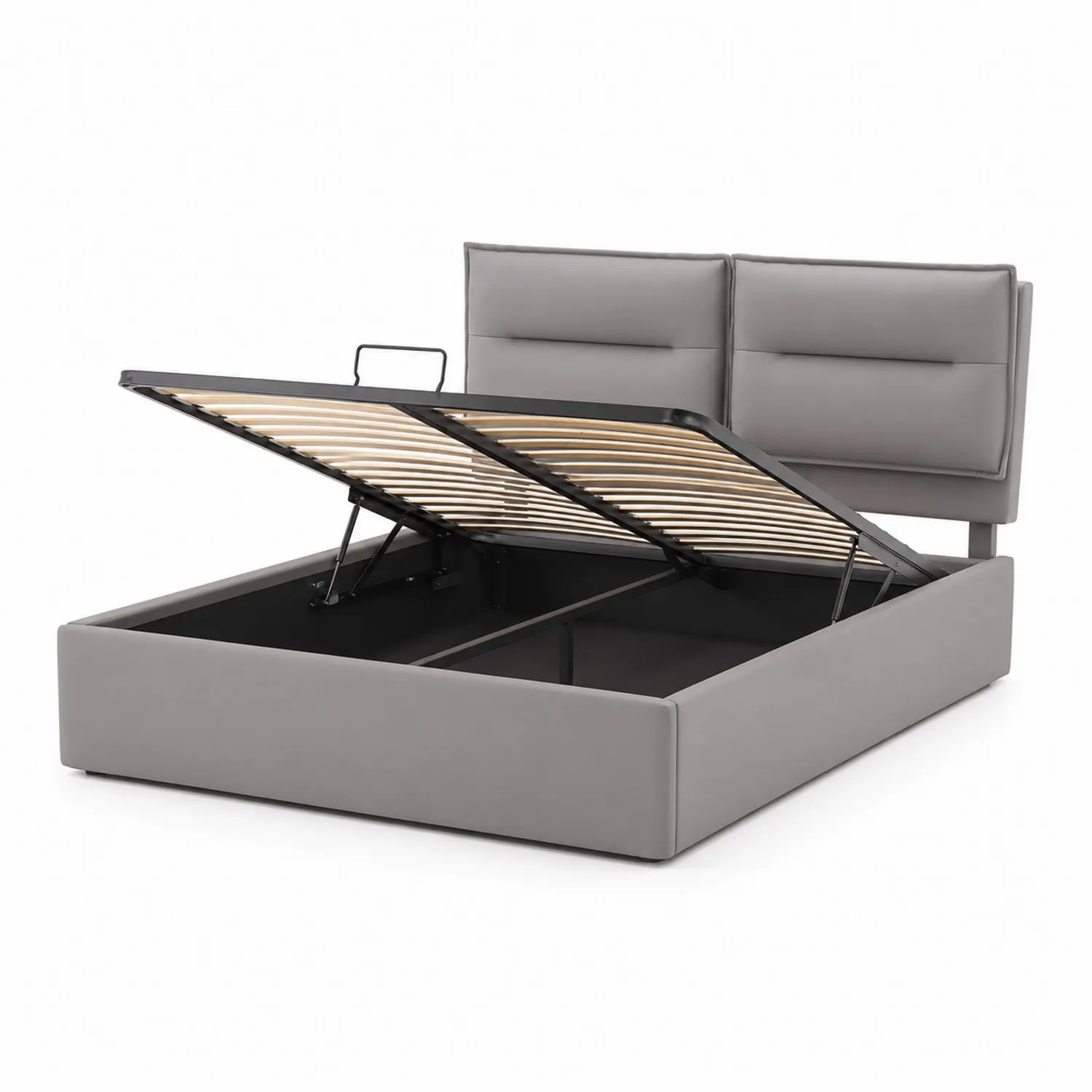 Letto contenitore in tessuto e legno grigio con testiera imbottita 160x200 cm
