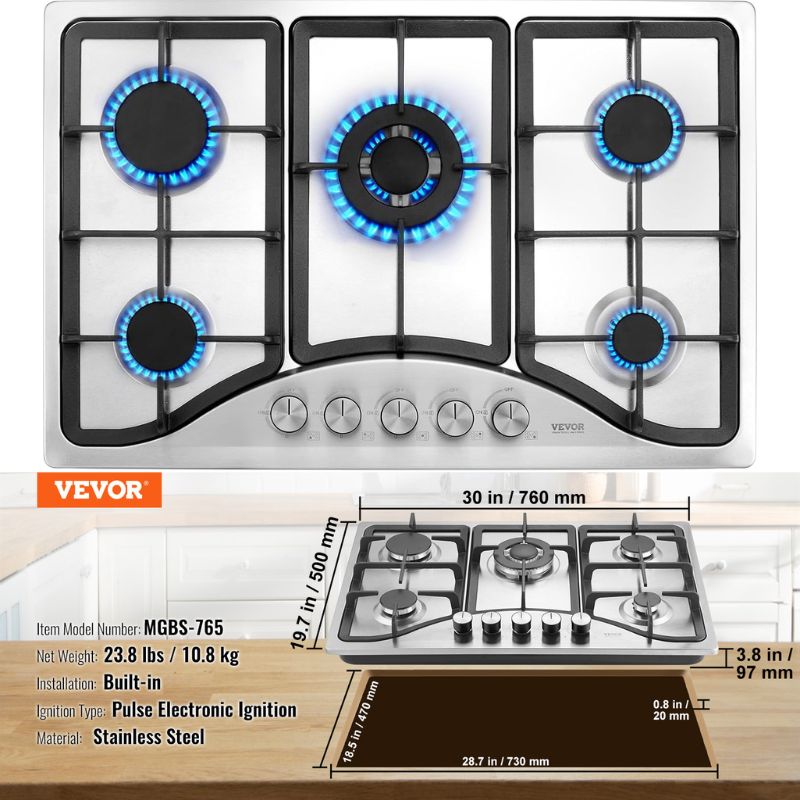 VEVOR 5-Burner Built-in Gas Cooktop, Up to 12,250 BTU Suitable for use in camping, RVs, and apartments.