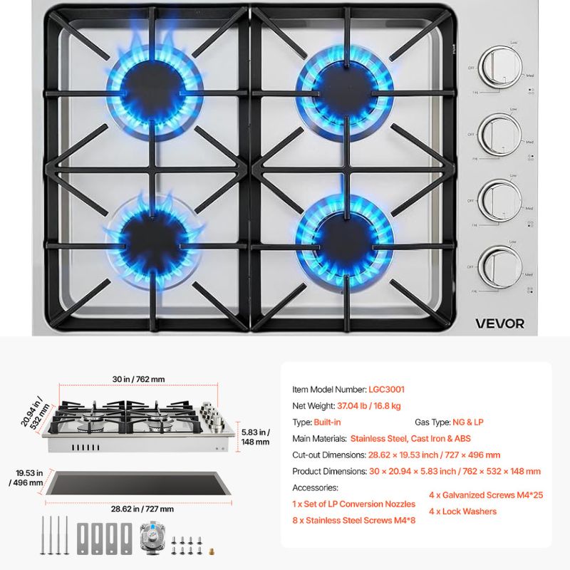 VEVOR 5-Burner Built-in Gas Cooktop, Up to 12,250 BTU Suitable for use in camping, RVs, and apartments.