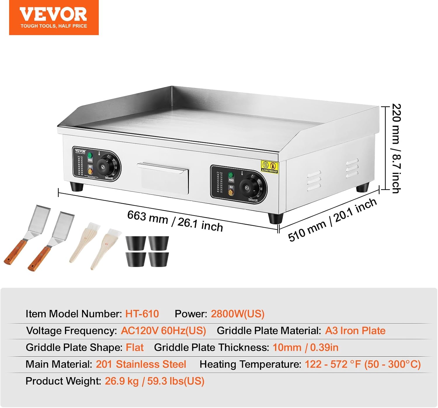 VEVOR Commercial Electric Griddle, 1600W Countertop Half-Flat Top Grill