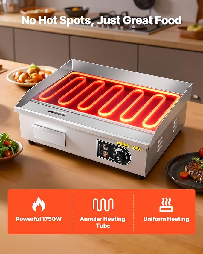 VEVOR Commercial Electric Griddle, 1600W Countertop Half-Flat Top Grill