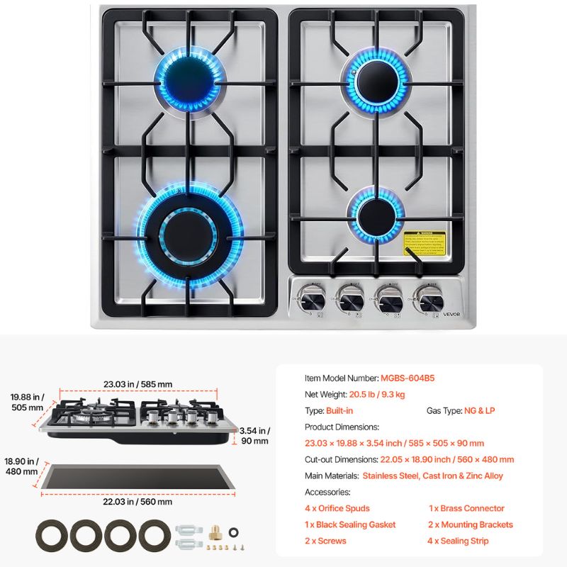 VEVOR 5-Burner Built-in Gas Cooktop, Up to 12,250 BTU Suitable for use in camping, RVs, and apartments.