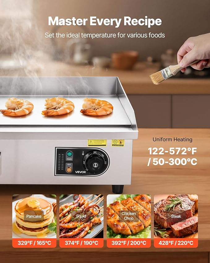 VEVOR Commercial Electric Griddle, 1600W Countertop Half-Flat Top Grill
