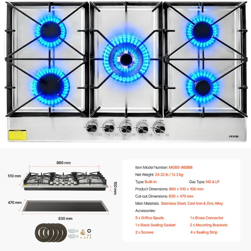 VEVOR 5-Burner Built-in Gas Cooktop, Up to 12,250 BTU Suitable for use in camping, RVs, and apartments.