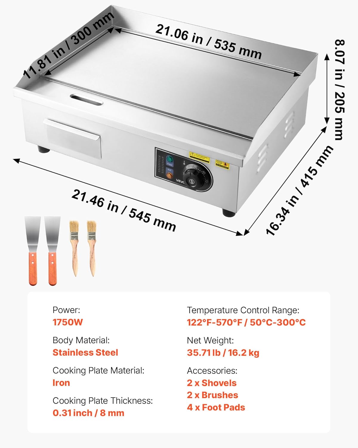 VEVOR Commercial Electric Griddle, 1600W Countertop Half-Flat Top Grill