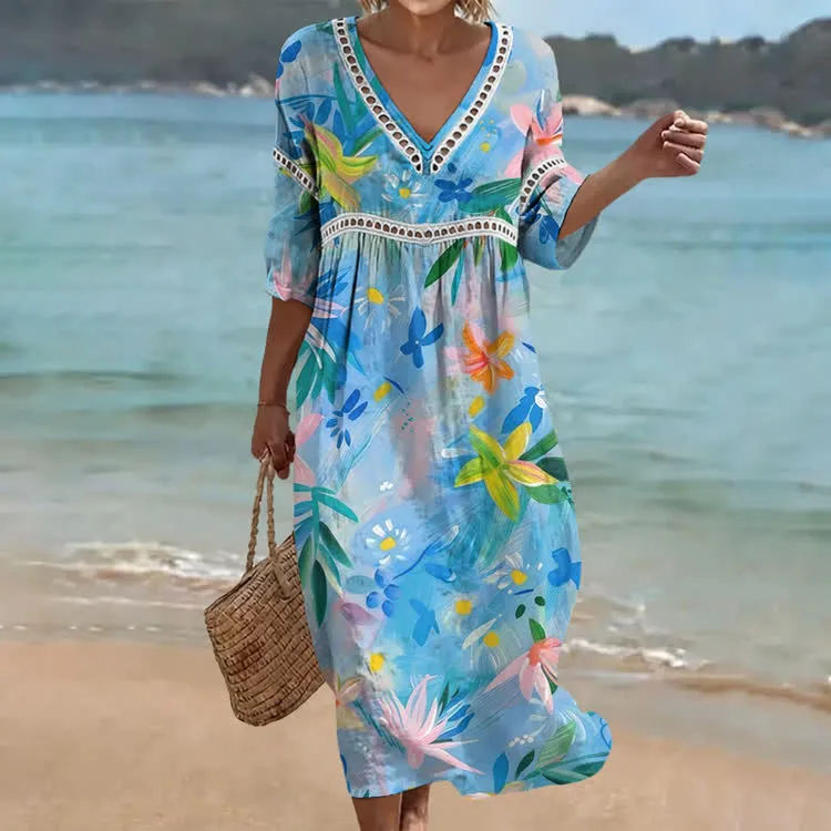Robe de confort pour femmes en mélange de coton et de lin avec imprimé