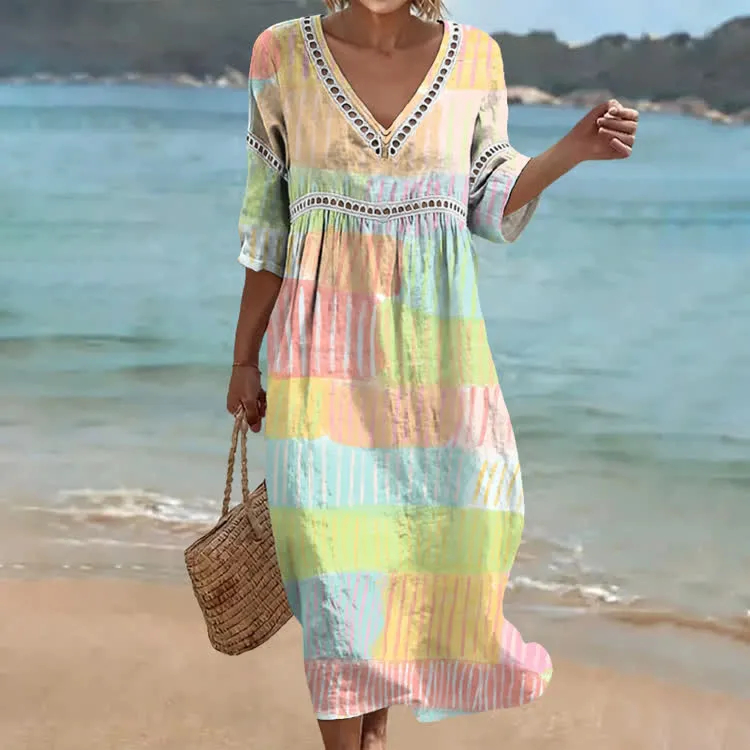 Robe de confort pour femmes en mélange de coton et de lin avec imprimé