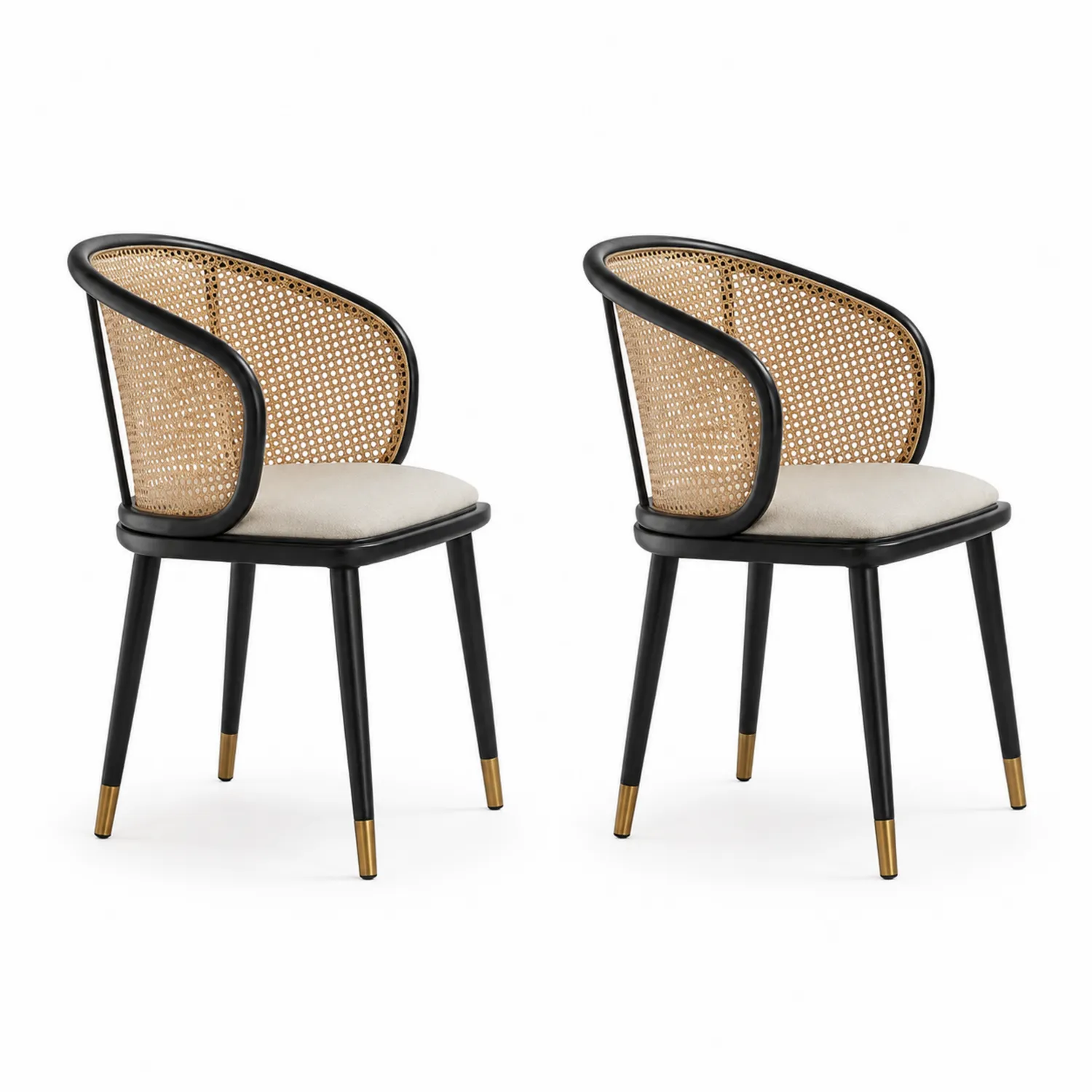 Esszimmerstuhl Set aus Metall mit Rattan Rücklehne und Stoffpolsterung Schwarz/Natur
