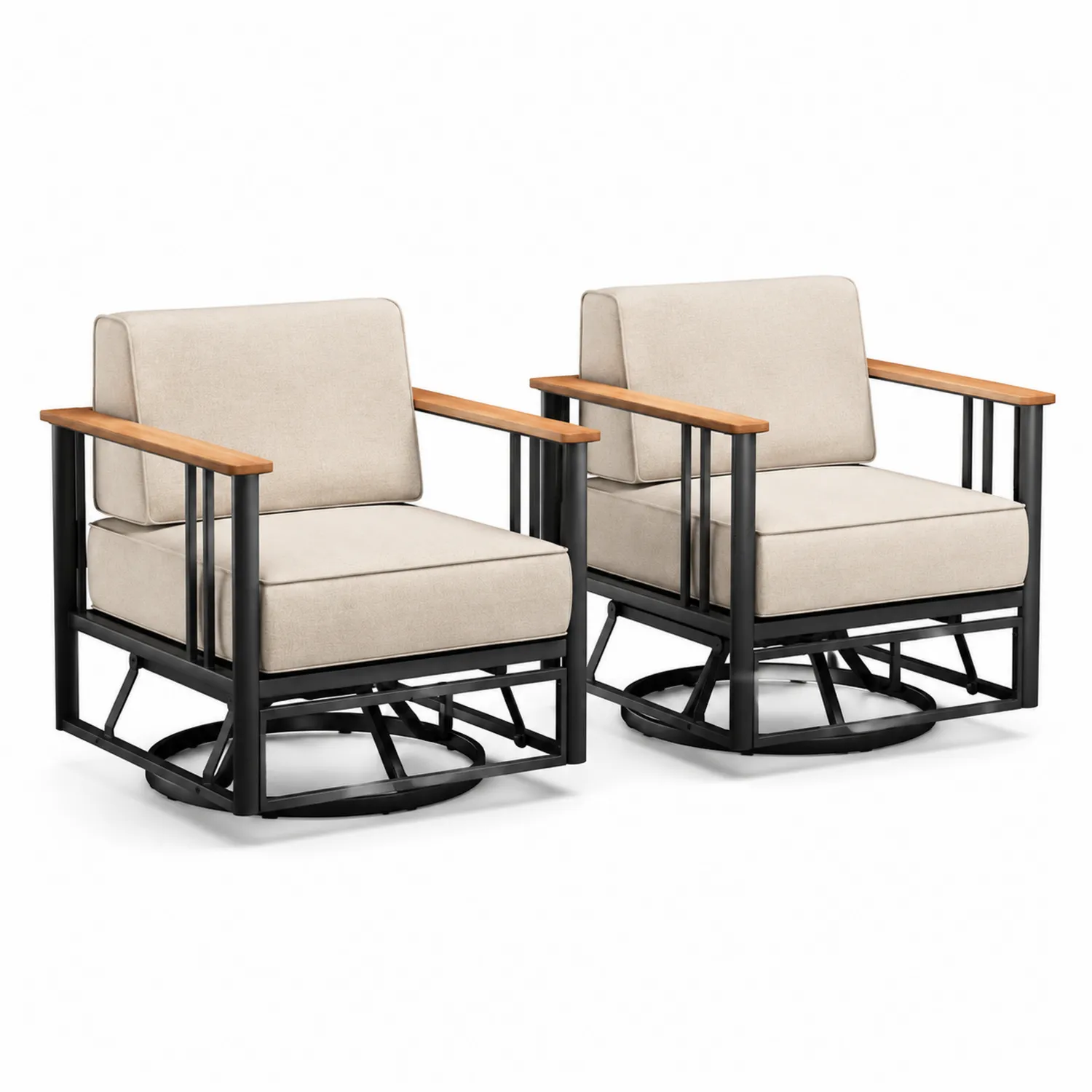 Metallstühle mit Holzarmlehnen und Polyesterkissen, Beige, 2er-Set