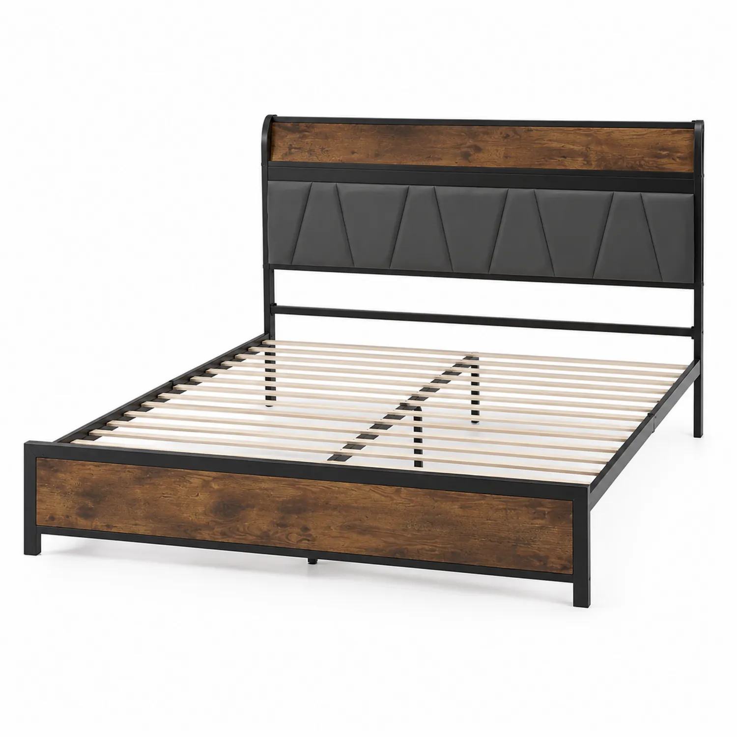 Metallbett mit Spanplatte und Kunstlederpolsterung 200x160cm Schwarz/Braun