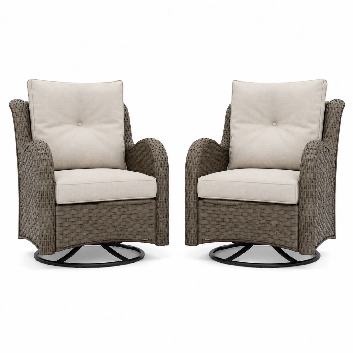 Rattan-Clubstuhl-Set mit Kissen und Schwenkfunktion, Braun/Beige
