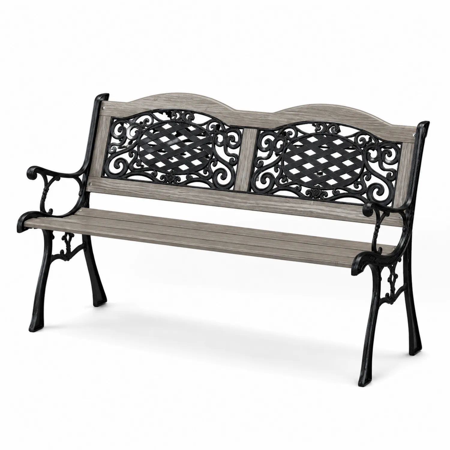 Gartenbank Holzimitat mit Gusseisen Rückenlehne 125x60x80 cm Schwarz/Braun