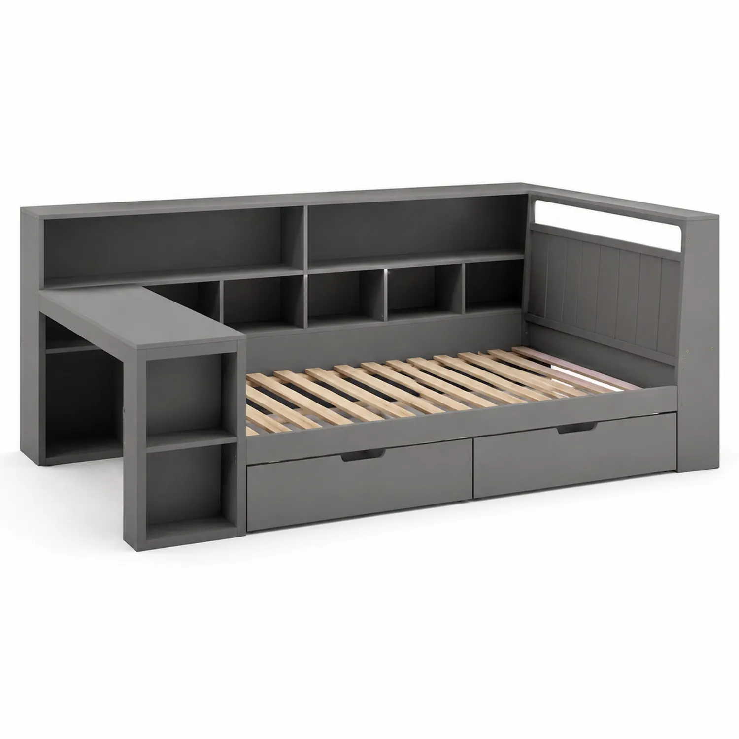 Holz Tagesbett mit Regalen und Schubladen Grau 200x90 cm
