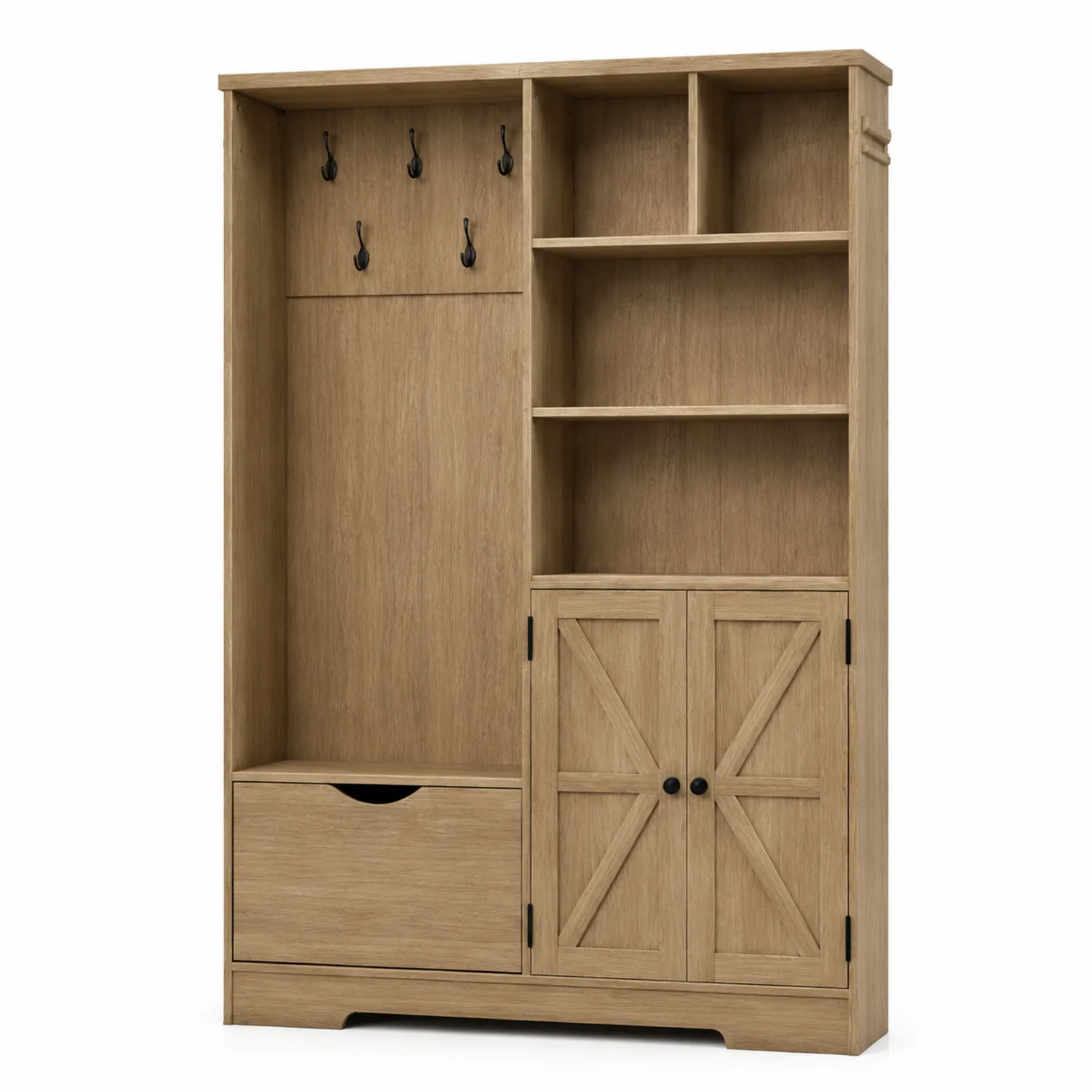 Garderoben-Set aus Eichenholz mit Kleiderhaken, Regal und Schublade 180x120x40cm