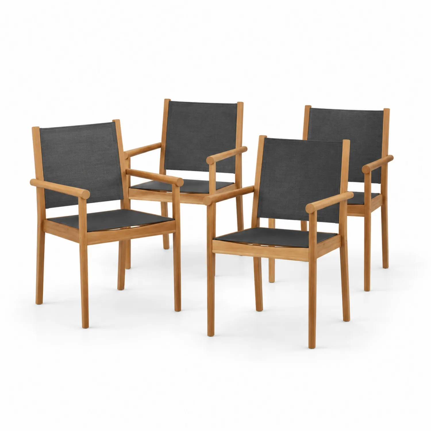 4er Set Garten-Esszimmerstühle aus Teakholz mit Textilene Schwarz