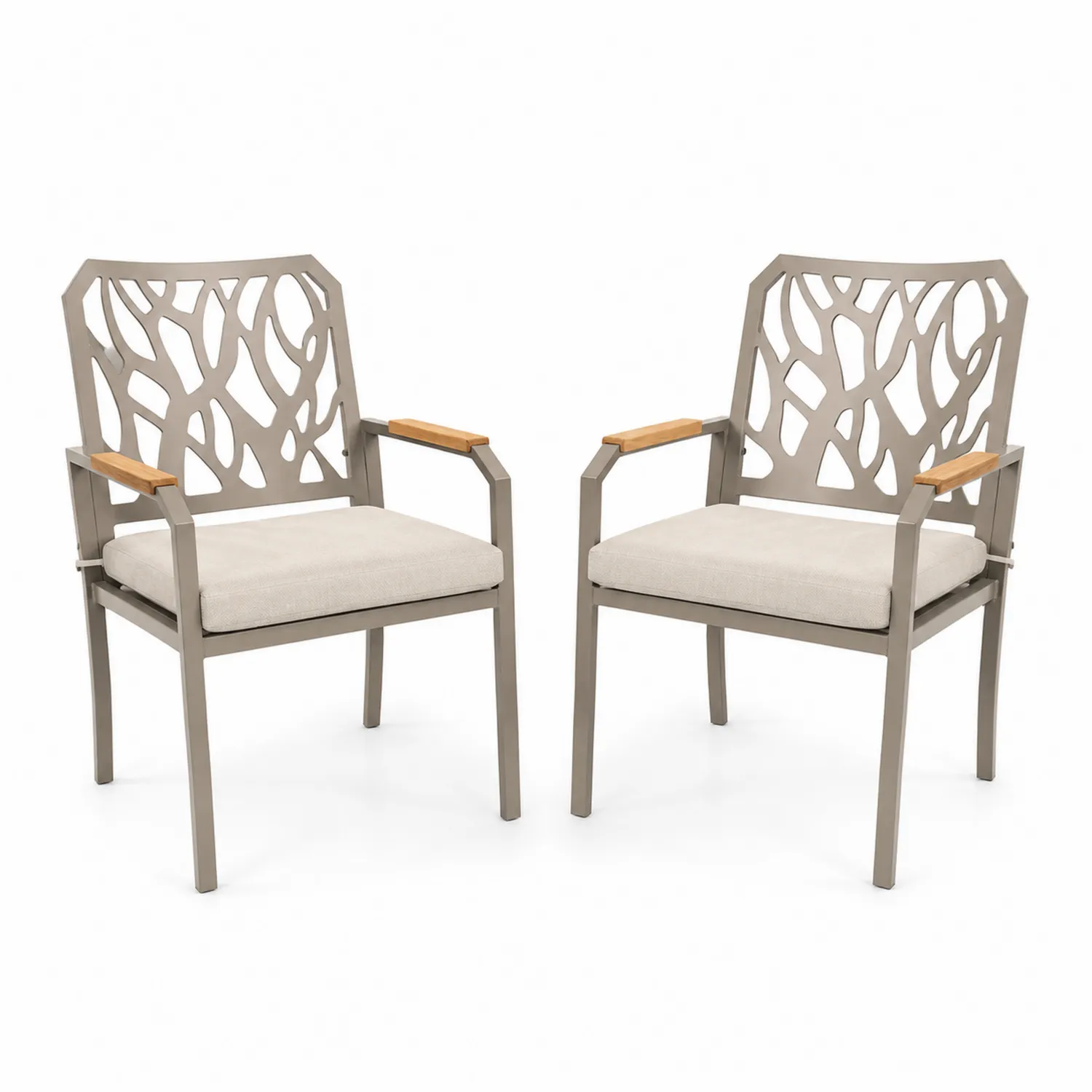 2er Set Gartenstühle aus Aluminium mit Teakholz, Beige Kissen