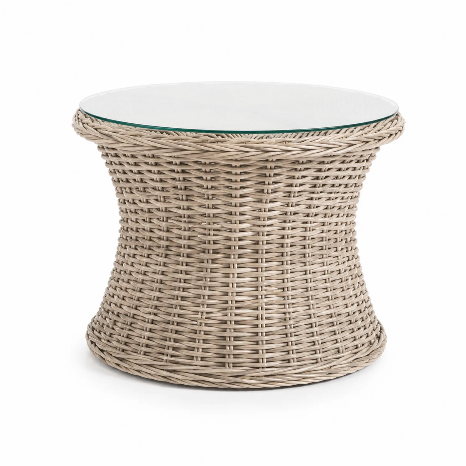 Runder Rattan-Beistelltisch mit Glasplatte Beige