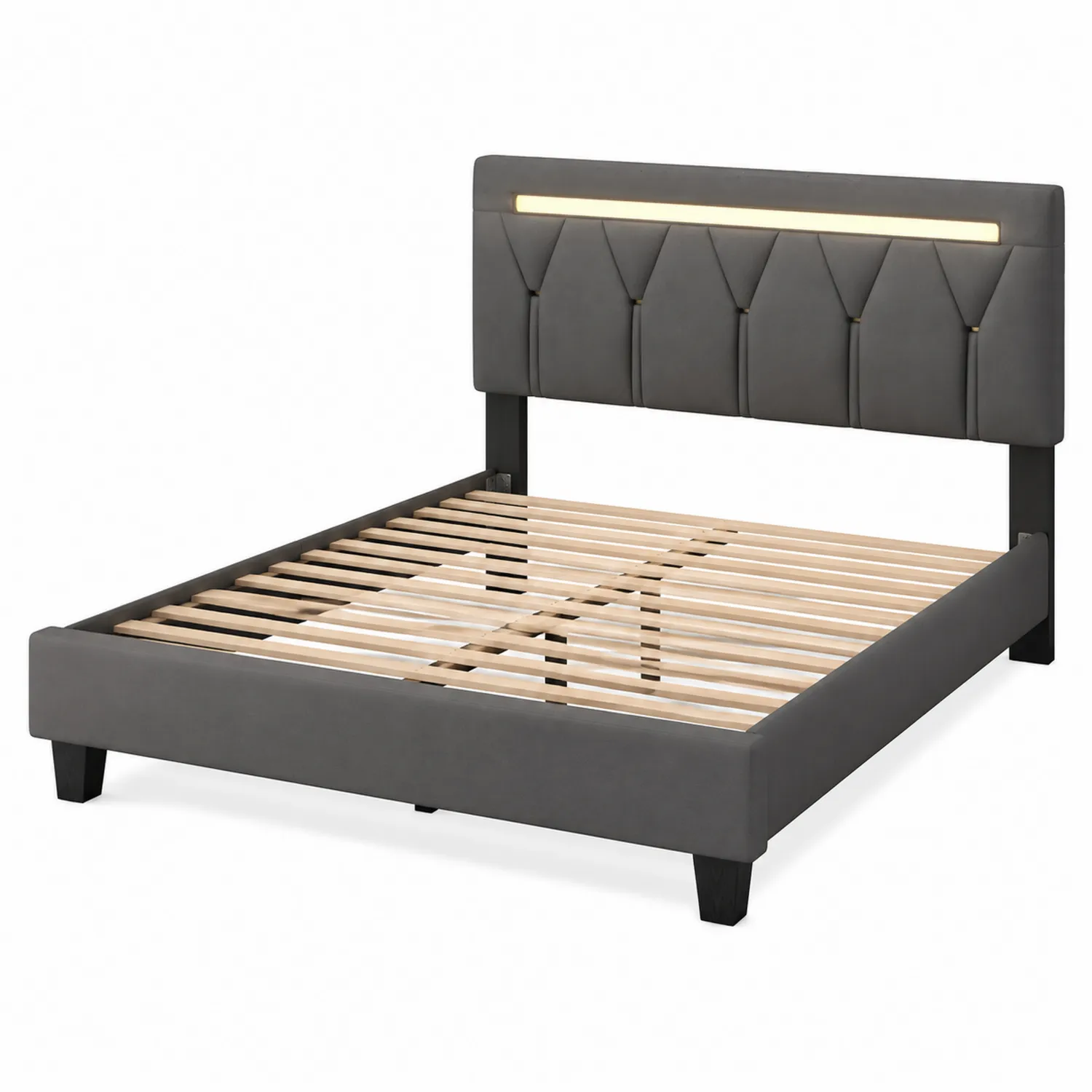 Bett aus Holz und PU-Leder mit LED, 200x160 cm, Dunkelgrau
