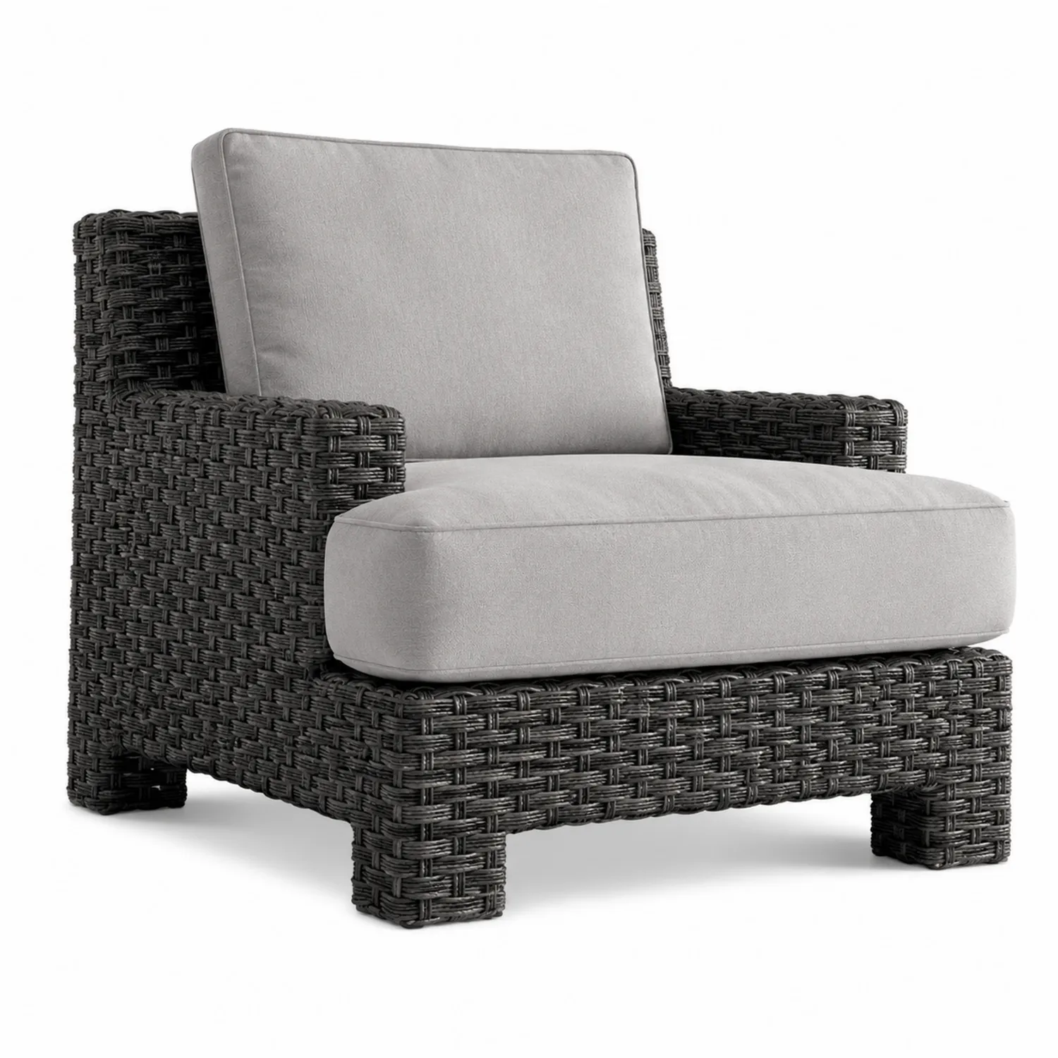 Outdoor-Clubstuhl aus Polyethylengeflecht mit grauem Kissen, schwarz