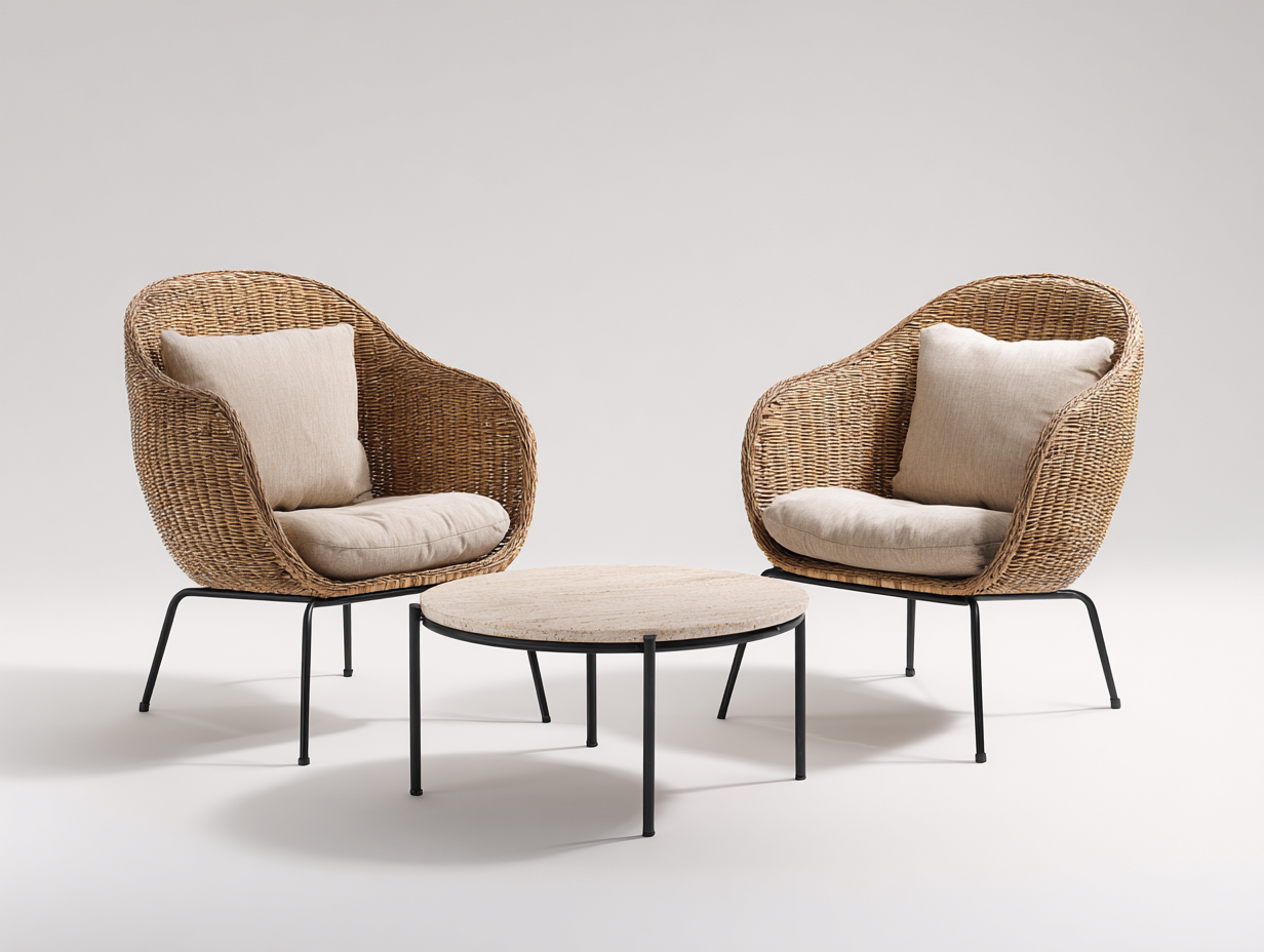 Garten Lounge Set-Rattan-Metall-Stoff-70 x 70 x 42 cm-Naturbeige-Schwarz-modern komfortabel-Zilaidecor