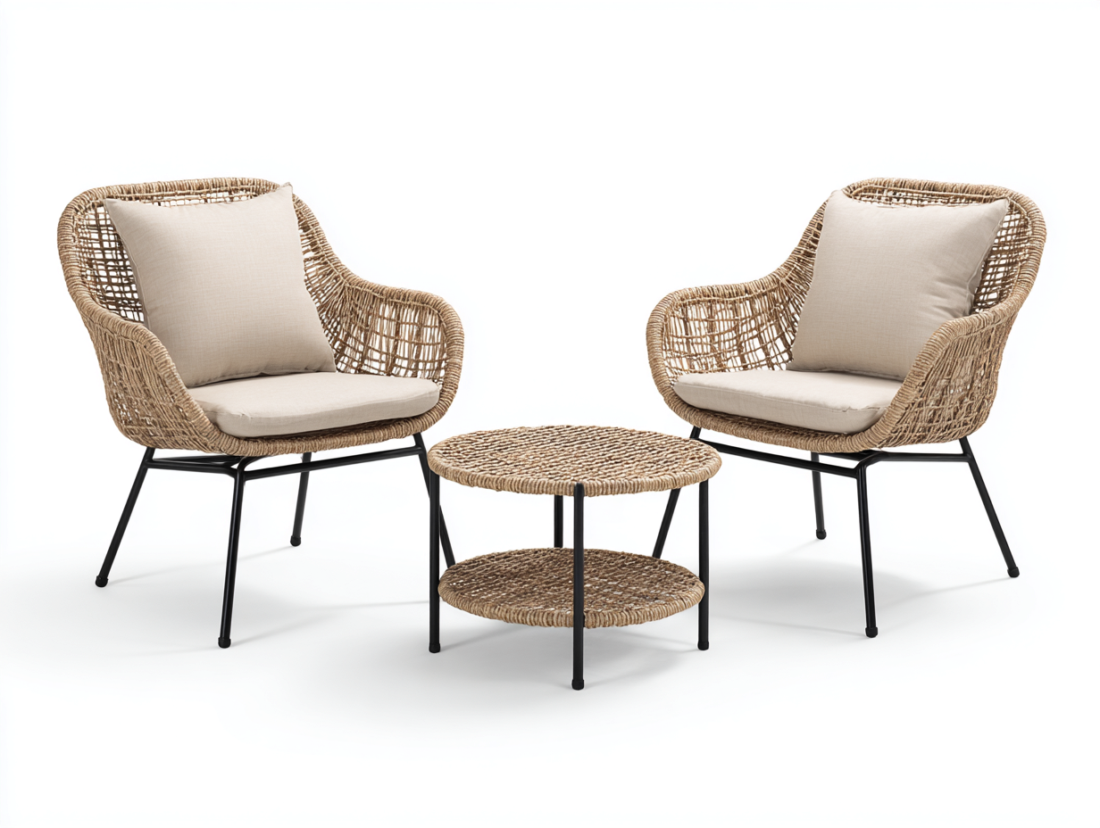 Garten Lounge Set-Rattan-Metall-Stoff-65 x 65 x 45 cm-Naturbeige-Schwarz-modern leicht-Zilaidecor