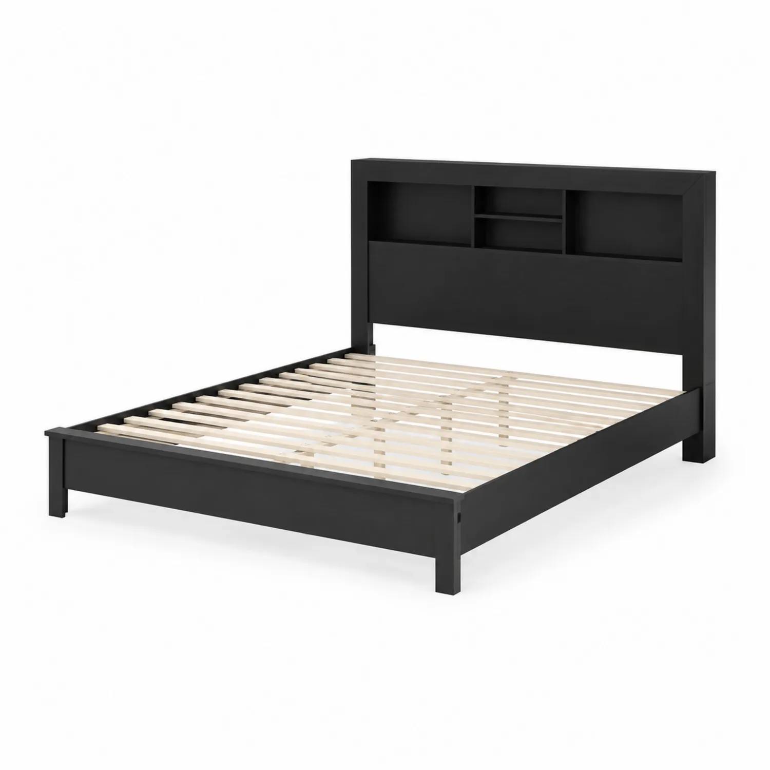 Letto matrimoniale in legno nero con testiera e scaffali